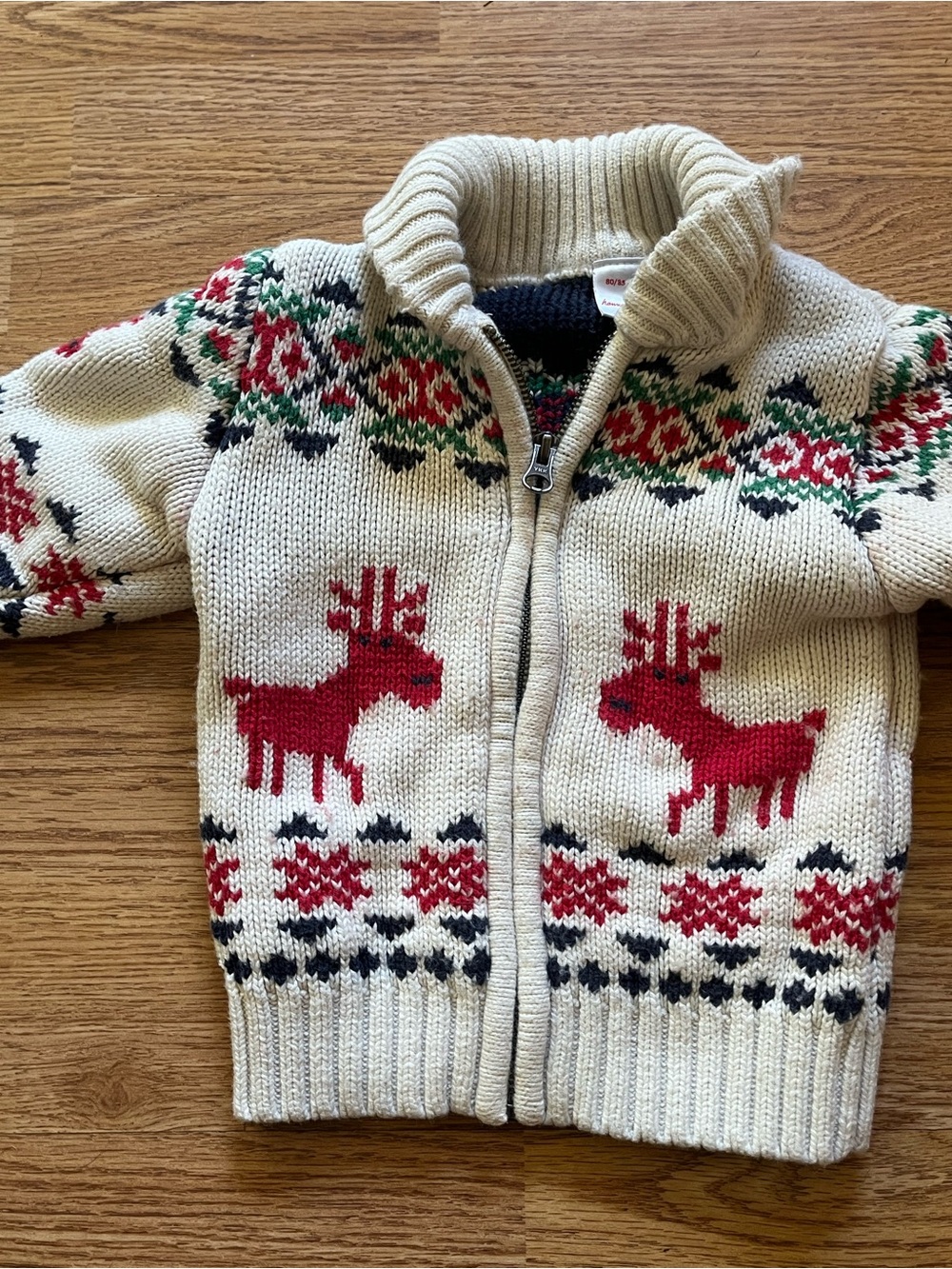 Hanna Andersson Cream Zip-Up Sweater with Red Reindeer and Green/Navy Fair Isle